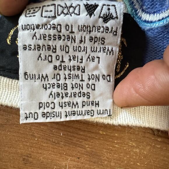 BOB MACKIE Wearable Art Blue Embroidered Cardigan Sweater Cutout Floral Granny S - Picture 16 of 16